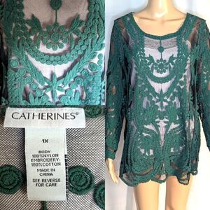 Catherines green black mesh embroidered tunic top sz 1X